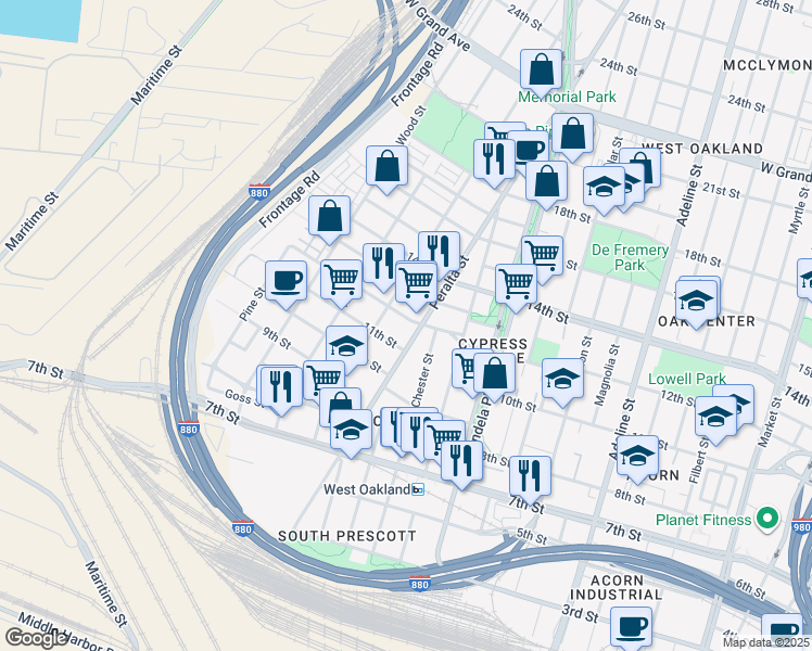 map of restaurants, bars, coffee shops, grocery stores, and more near 1219 Peralta Street in Oakland