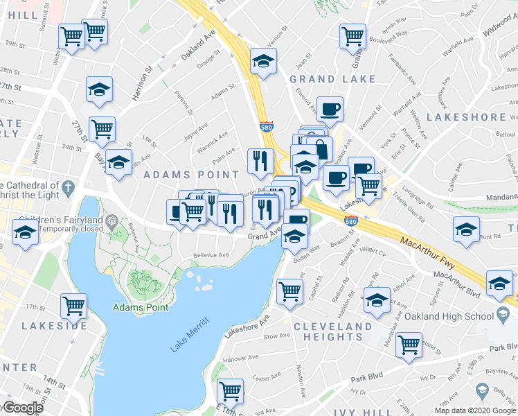 map of restaurants, bars, coffee shops, grocery stores, and more near 407 Euclid Avenue in Oakland