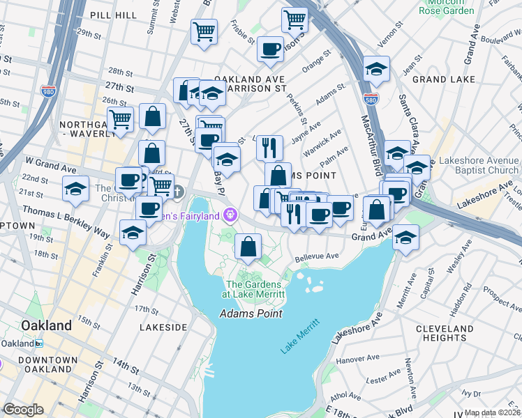 map of restaurants, bars, coffee shops, grocery stores, and more near 340 Lenox Avenue in Oakland