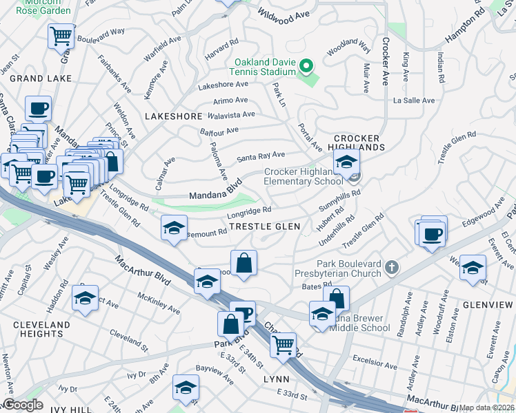 map of restaurants, bars, coffee shops, grocery stores, and more near 641 Paloma Avenue in Oakland