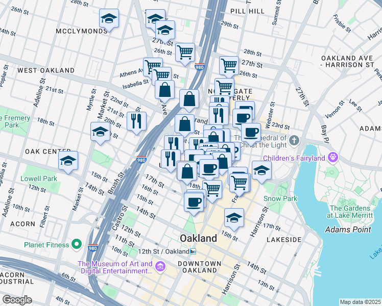 map of restaurants, bars, coffee shops, grocery stores, and more near 630 20th Street in Oakland