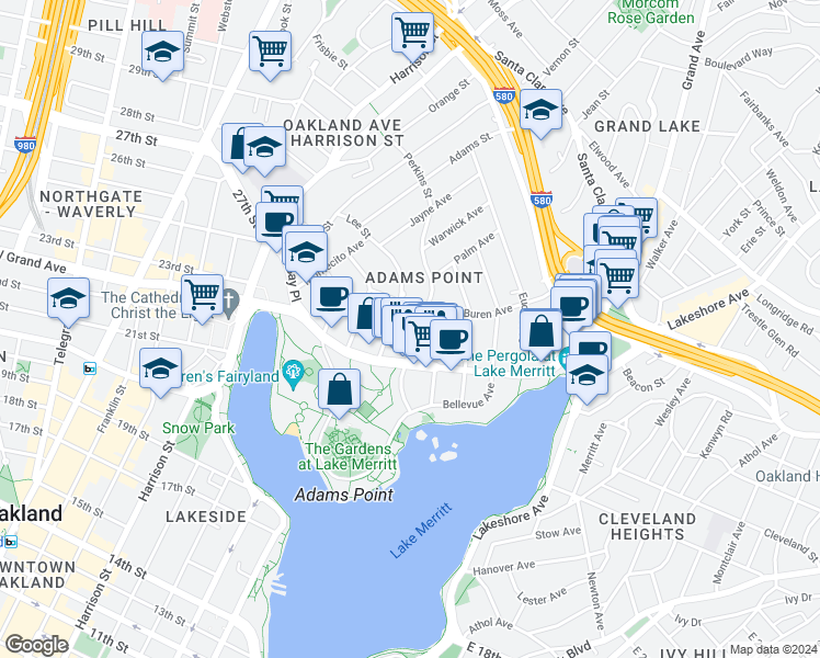map of restaurants, bars, coffee shops, grocery stores, and more near 421 Perkins Street in Oakland
