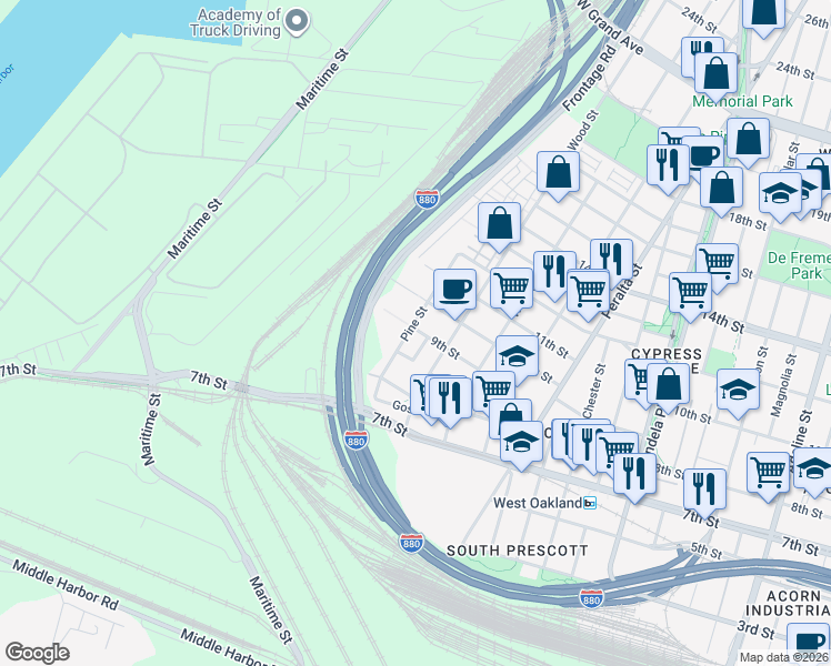 map of restaurants, bars, coffee shops, grocery stores, and more near 1822 9th Street in Oakland