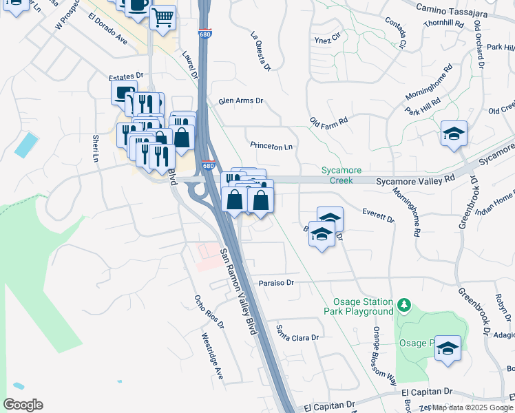 map of restaurants, bars, coffee shops, grocery stores, and more near 720 Camino Ramon in Danville