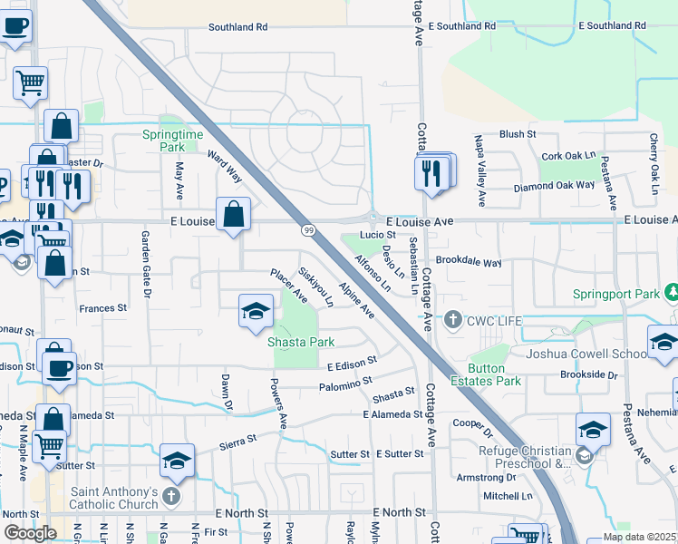map of restaurants, bars, coffee shops, grocery stores, and more near 856 Alpine Avenue in Manteca