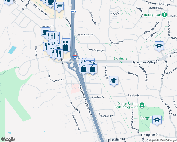map of restaurants, bars, coffee shops, grocery stores, and more near 720 Camino Ramon in Danville