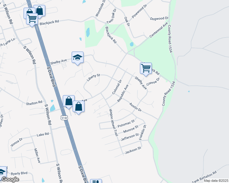 map of restaurants, bars, coffee shops, grocery stores, and more near 2839 Colonial Drive in Radcliff