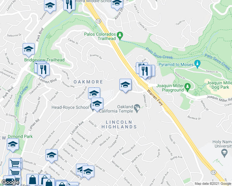 map of restaurants, bars, coffee shops, grocery stores, and more near 4537 Lincoln Avenue in Oakland