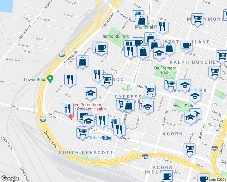 map of restaurants, bars, coffee shops, grocery stores, and more near 1490 12th Street in Oakland
