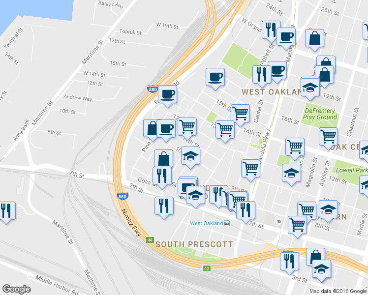 map of restaurants, bars, coffee shops, grocery stores, and more near 1011 Willow Street in Oakland