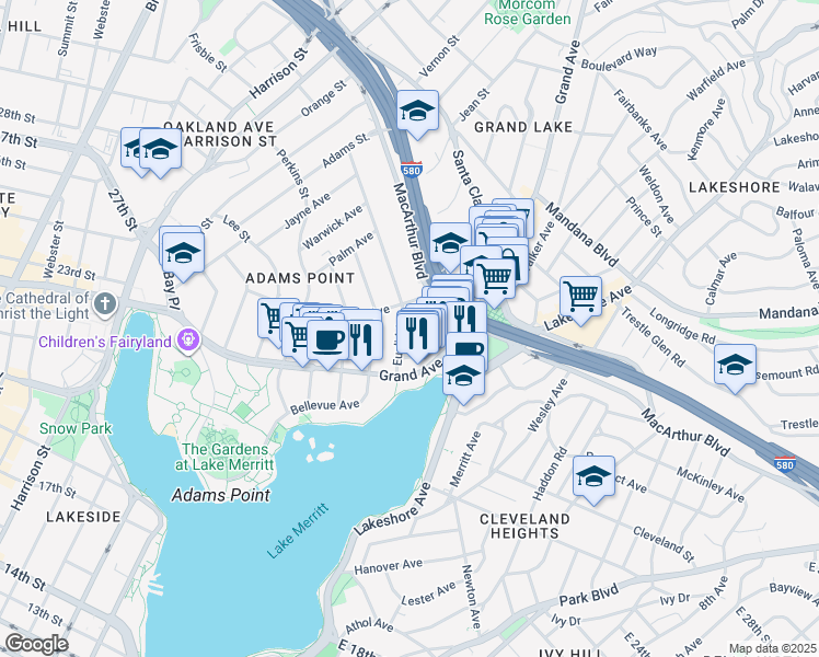 map of restaurants, bars, coffee shops, grocery stores, and more near in Oakland
