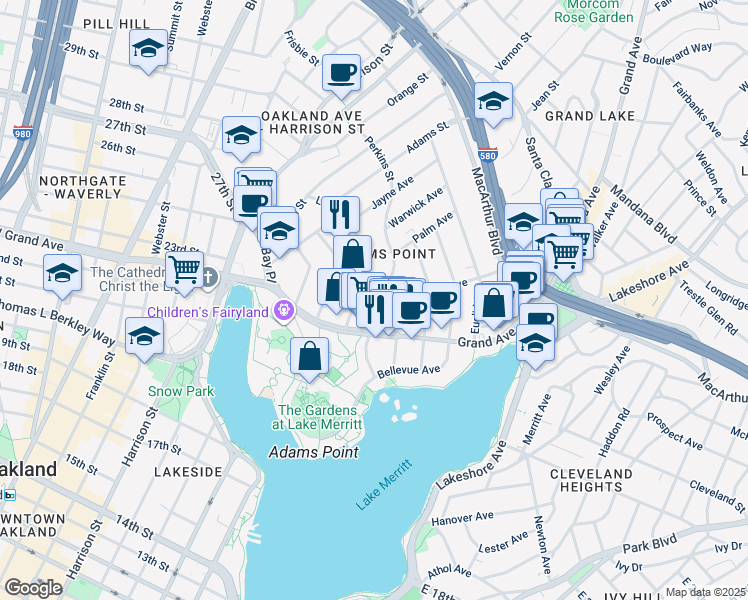 map of restaurants, bars, coffee shops, grocery stores, and more near 406 Lee Street in Oakland