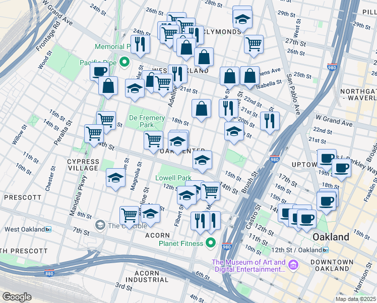 map of restaurants, bars, coffee shops, grocery stores, and more near 1014 16th Street in Oakland