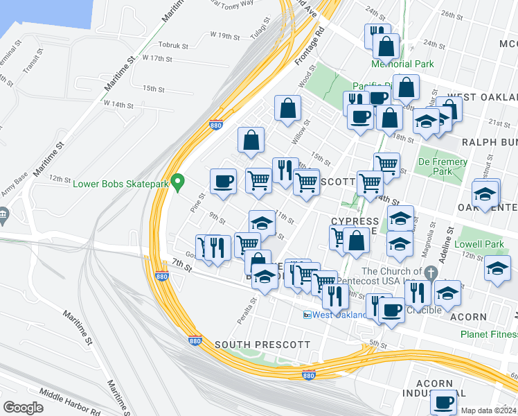 map of restaurants, bars, coffee shops, grocery stores, and more near 1694 11th Street in Oakland