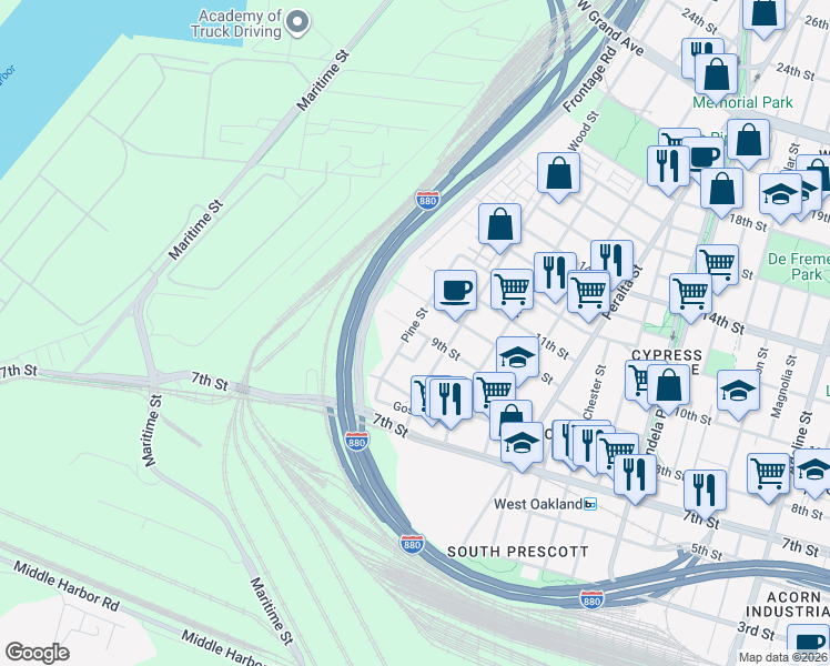 map of restaurants, bars, coffee shops, grocery stores, and more near 1822 9th Street in Oakland