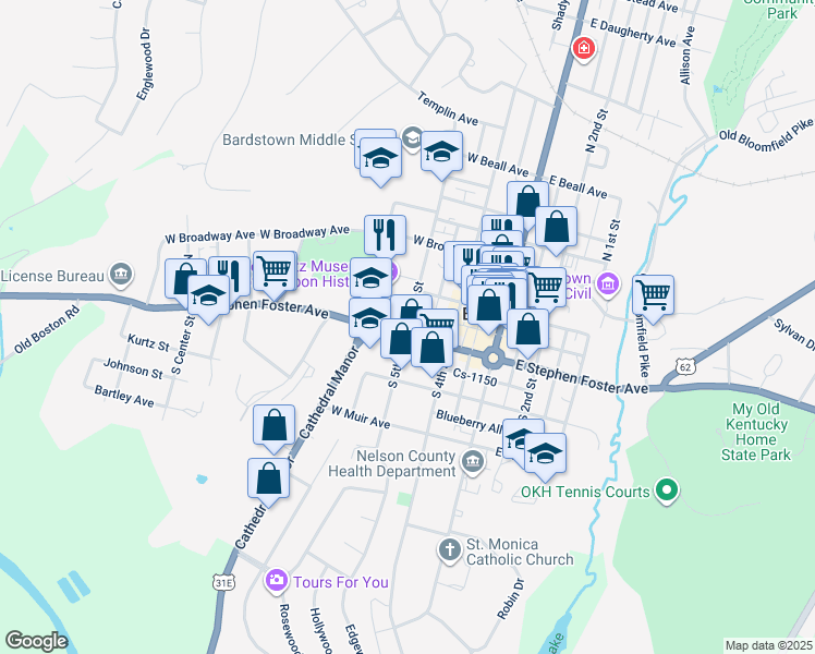 map of restaurants, bars, coffee shops, grocery stores, and more near 107 North 5th Street in Bardstown