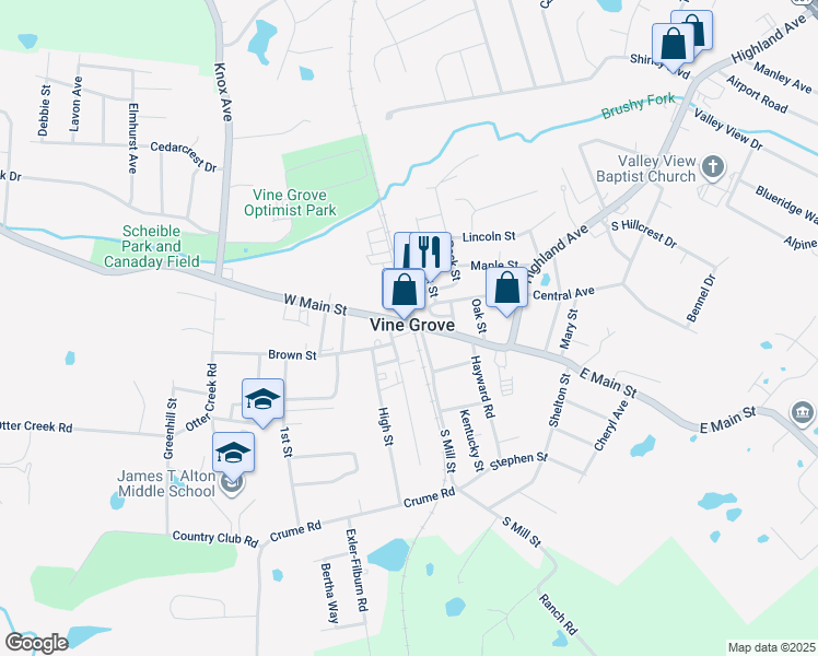 map of restaurants, bars, coffee shops, grocery stores, and more near in Vine Grove