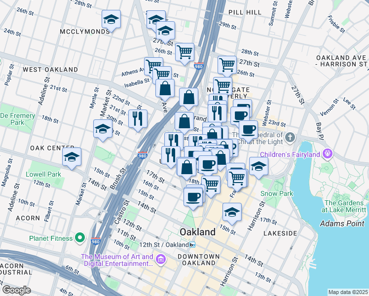 map of restaurants, bars, coffee shops, grocery stores, and more near 630 Thomas L Berkley Way in Oakland