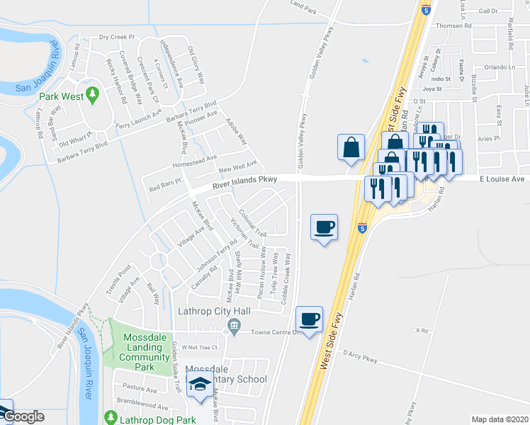 map of restaurants, bars, coffee shops, grocery stores, and more near 349 Johnson Ferry Road in Lathrop