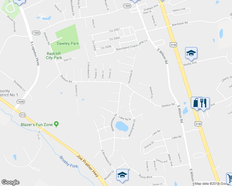 map of restaurants, bars, coffee shops, grocery stores, and more near 104 Foxglove Circle in Radcliff