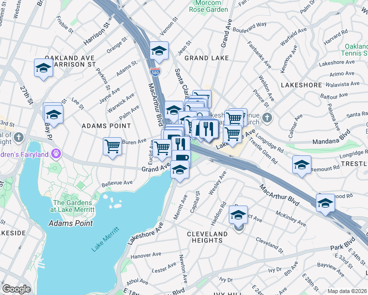 map of restaurants, bars, coffee shops, grocery stores, and more near MacArthur Blvd & Grand Ave in Oakland