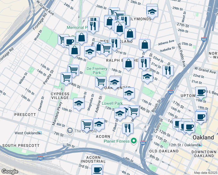 map of restaurants, bars, coffee shops, grocery stores, and more near 1439 Chestnut Street in Oakland