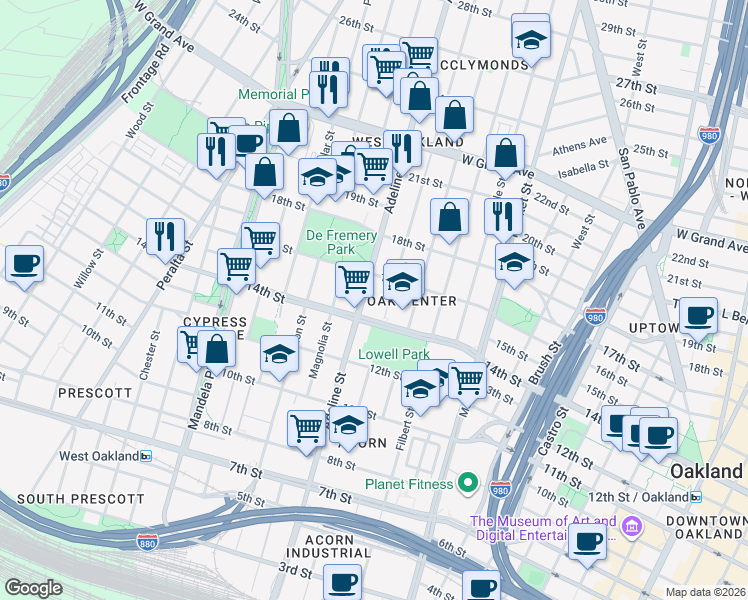 map of restaurants, bars, coffee shops, grocery stores, and more near 1511 Adeline Street in Oakland