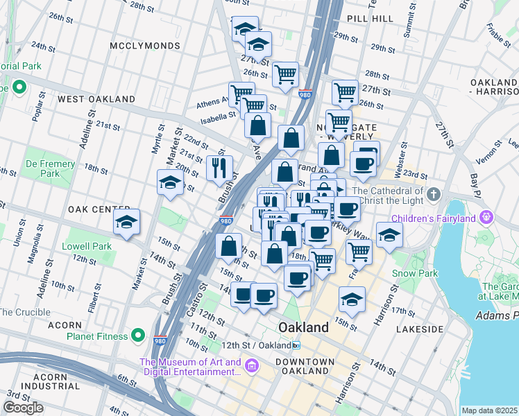 map of restaurants, bars, coffee shops, grocery stores, and more near 660 Thomas L Berkley Way in Oakland