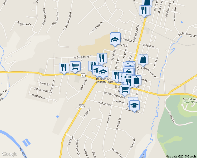 map of restaurants, bars, coffee shops, grocery stores, and more near 368 West Stephen Foster Avenue in Bardstown