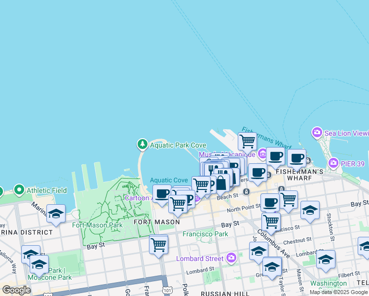 map of restaurants, bars, coffee shops, grocery stores, and more near 2976 Hyde Street Pier in San Francisco