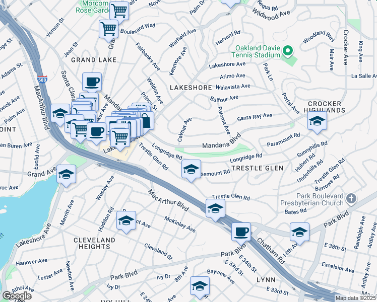 map of restaurants, bars, coffee shops, grocery stores, and more near 667 Mandana Boulevard in Oakland