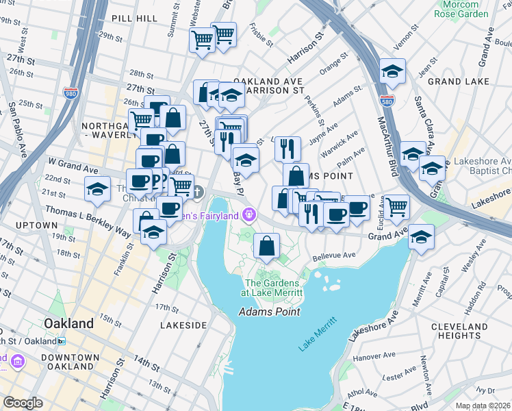 map of restaurants, bars, coffee shops, grocery stores, and more near 330 Park View Terrace in Oakland
