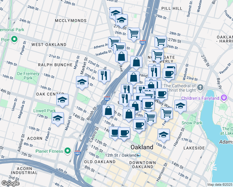 map of restaurants, bars, coffee shops, grocery stores, and more near 1912 Castro Street in Oakland