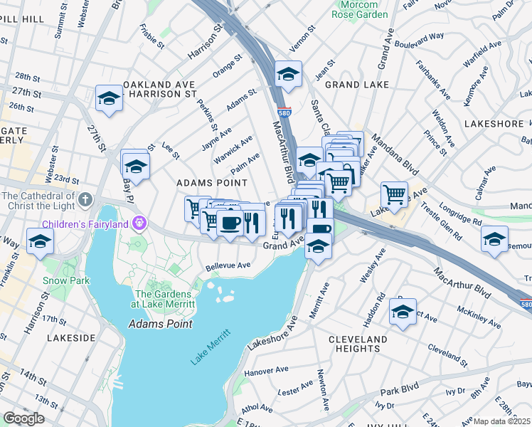 map of restaurants, bars, coffee shops, grocery stores, and more near in Oakland