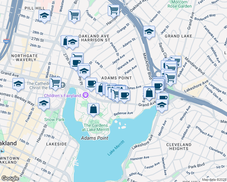 map of restaurants, bars, coffee shops, grocery stores, and more near 406 Lee Street in Oakland