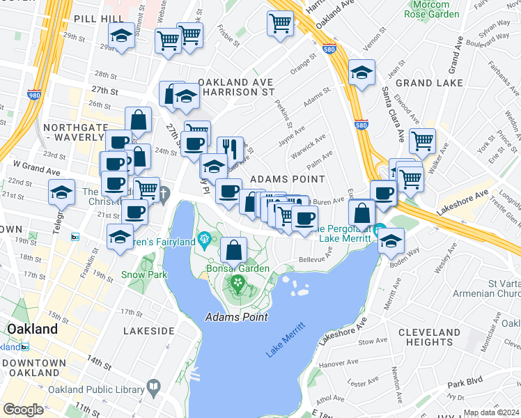 map of restaurants, bars, coffee shops, grocery stores, and more near 320 Lenox Avenue in Oakland