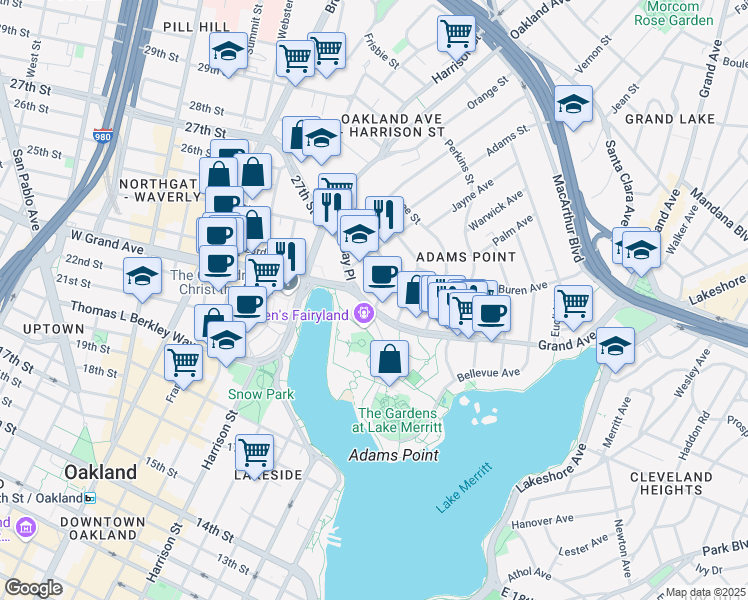 map of restaurants, bars, coffee shops, grocery stores, and more near 330 Park View Terrace in Oakland
