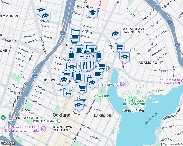 map of restaurants, bars, coffee shops, grocery stores, and more near 41 Grand Avenue in Oakland