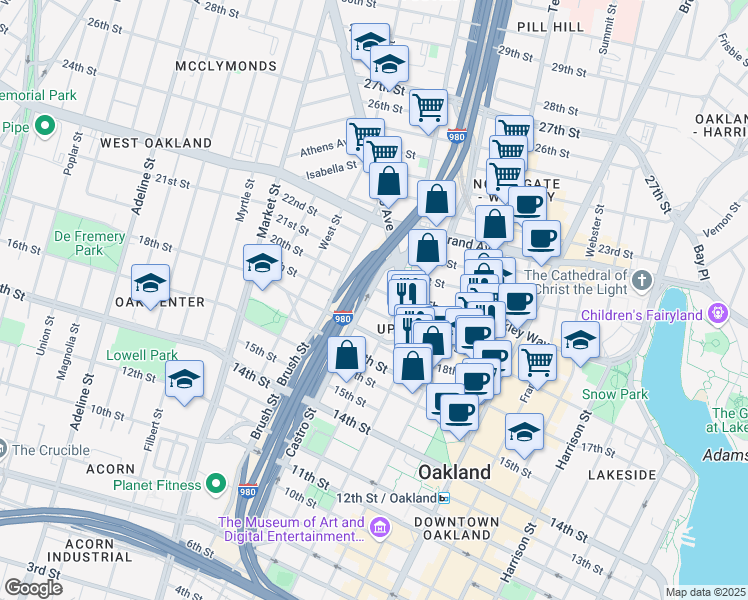 map of restaurants, bars, coffee shops, grocery stores, and more near 660 Thomas L Berkley Way in Oakland
