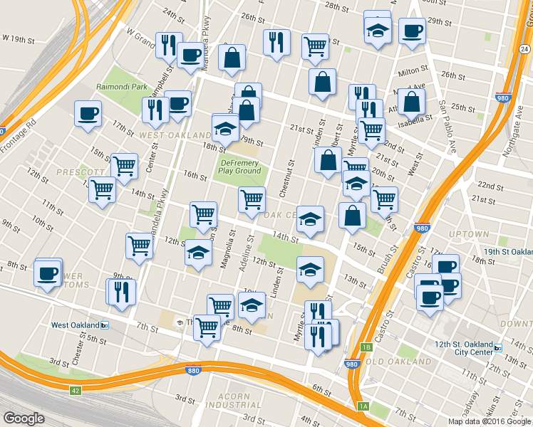 map of restaurants, bars, coffee shops, grocery stores, and more near 1511 Adeline Street in Oakland