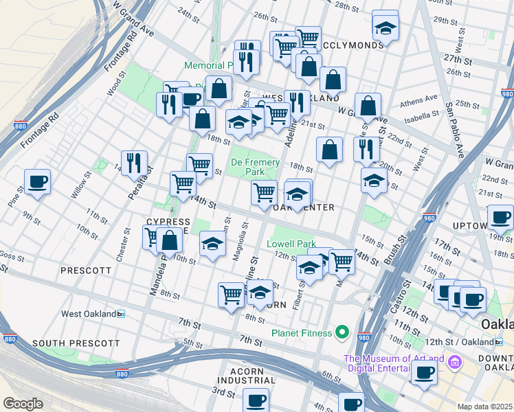 map of restaurants, bars, coffee shops, grocery stores, and more near 1511 Adeline Street in Oakland