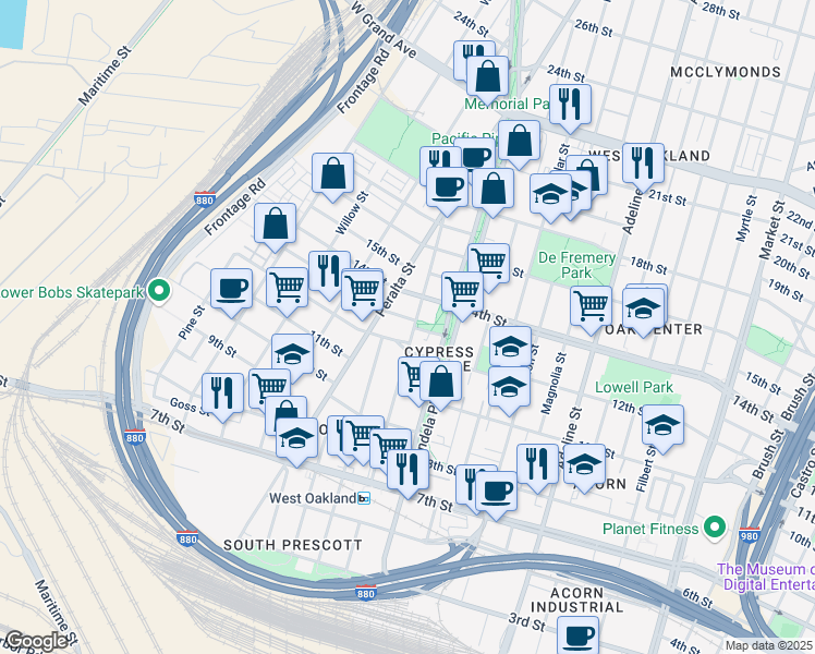 map of restaurants, bars, coffee shops, grocery stores, and more near in Oakland