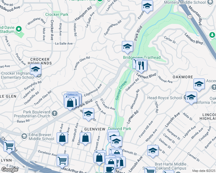 map of restaurants, bars, coffee shops, grocery stores, and more near Park Boulevard & Dolores Avenue in Oakland