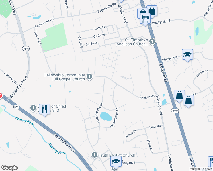 map of restaurants, bars, coffee shops, grocery stores, and more near 104 Meadowlake Drive in Radcliff