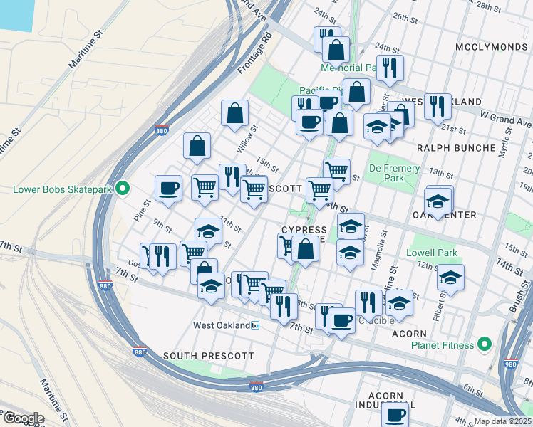 map of restaurants, bars, coffee shops, grocery stores, and more near 1210 Peralta Street in Oakland