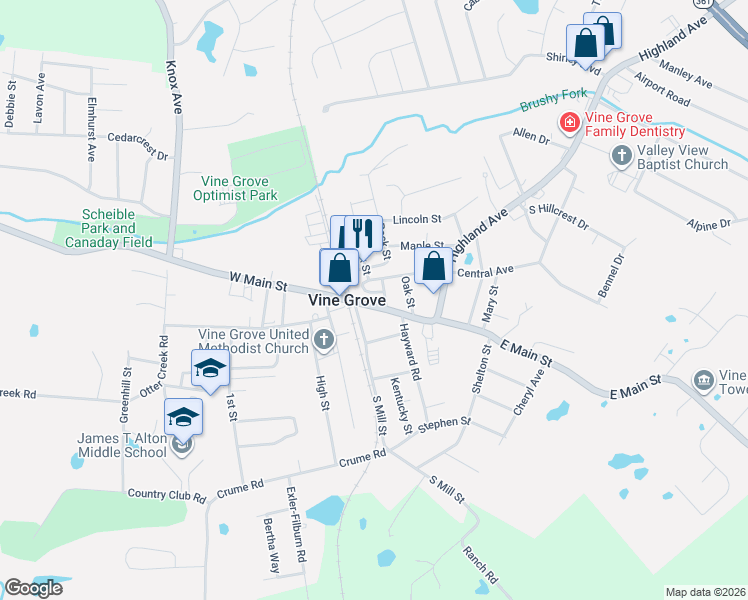 map of restaurants, bars, coffee shops, grocery stores, and more near Central Ave in Vine Grove
