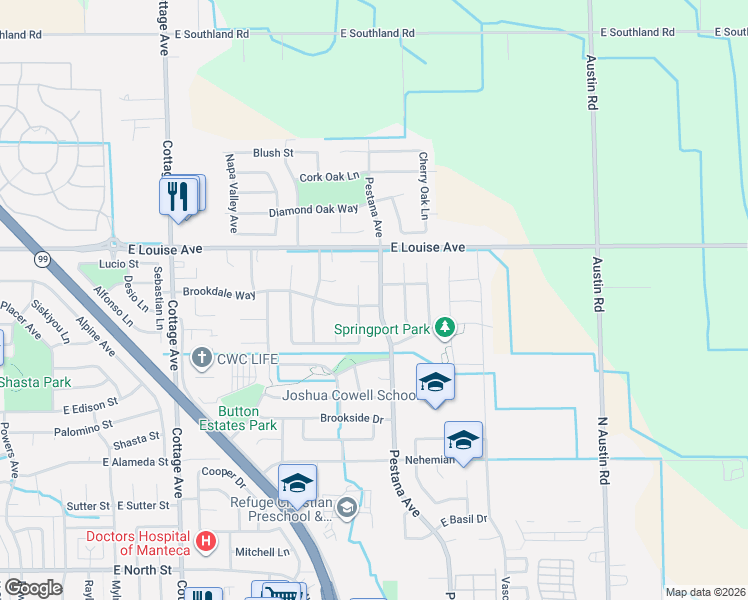 map of restaurants, bars, coffee shops, grocery stores, and more near 1906 Carnation Way in Manteca