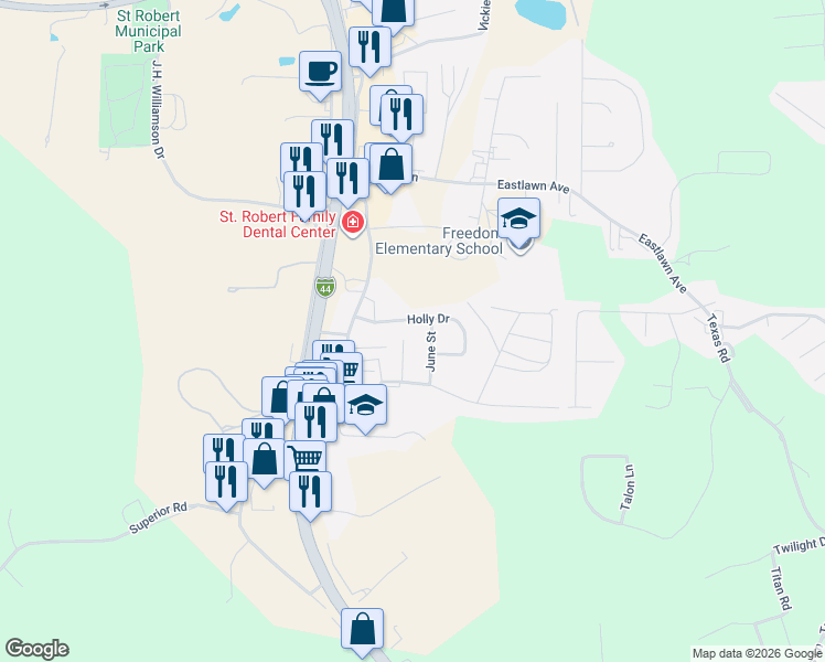 map of restaurants, bars, coffee shops, grocery stores, and more near 121 Holly Drive in Saint Robert
