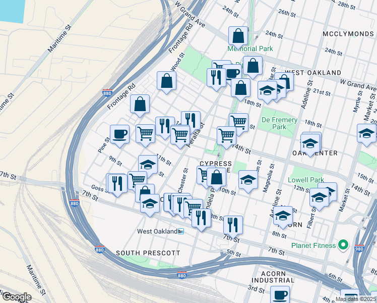 map of restaurants, bars, coffee shops, grocery stores, and more near 1210 Peralta Street in Oakland