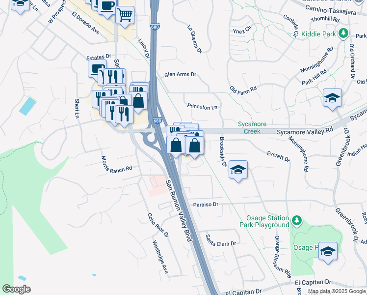 map of restaurants, bars, coffee shops, grocery stores, and more near 730 Camino Ramon in Danville